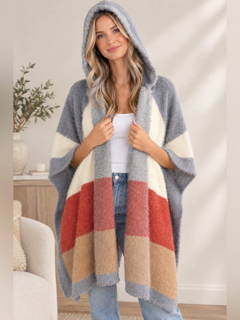 COCO + CARMEN Copacabana Hooded Colorblock Poncho Sweater OS NWOT